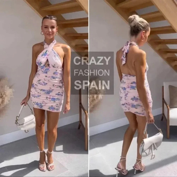 Zara Ruched Floral Halter Mini Dress Pink Purple NWOT Size Small - Picture 2 of 11